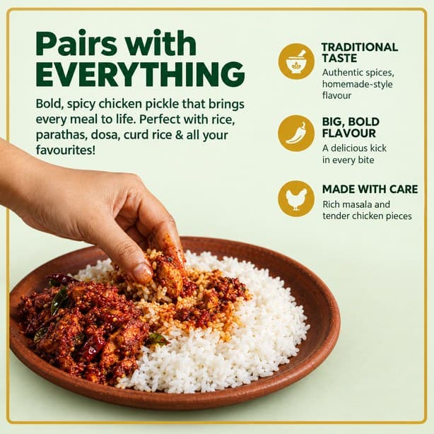 Boneless Chicken Pickle pairs with everything: rice, parathas, dosa and curd rice